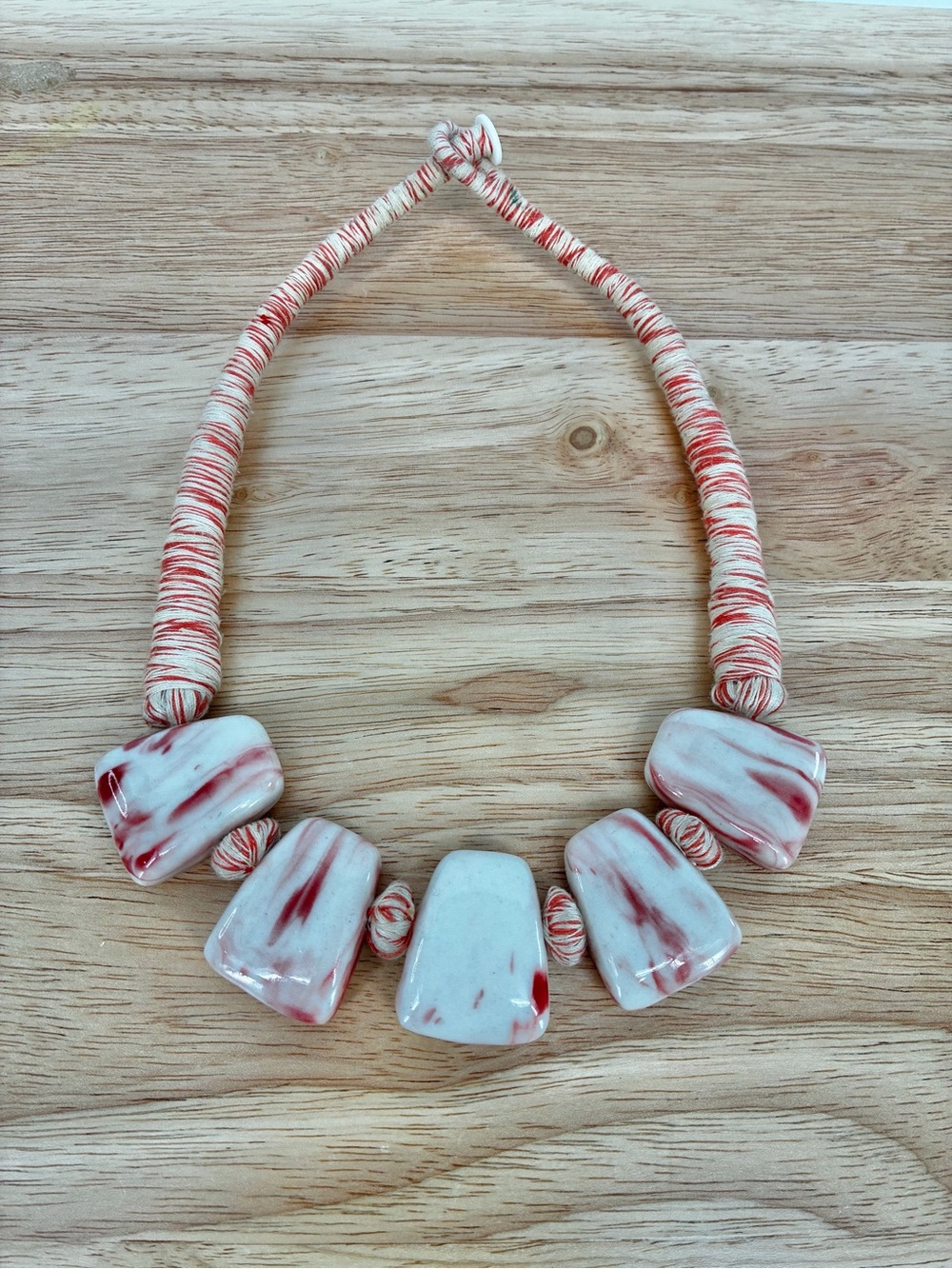 Chunky Red & White Marbled Statement Collar Necklace Boho